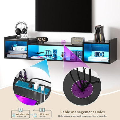 55.1"W Floating TV Stand with LED Lights & Power Outlets - Image 4