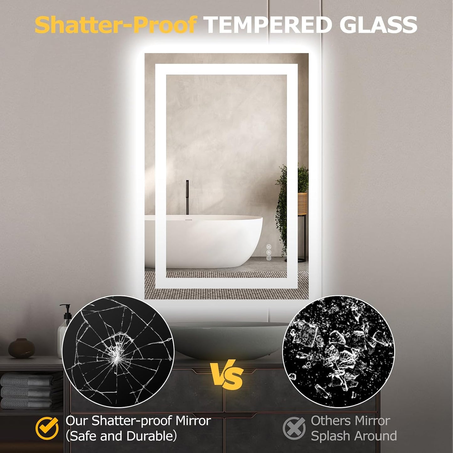 Hivone 24X36 LED Bathroom Mirror with Lights, Anti-Fog, Dimmable, Backlit + Front Lit, Smart Bathroom Vanity Mirror, Memory Function, Shatterproof, Tempered Glass (Horizontal/Vertical)