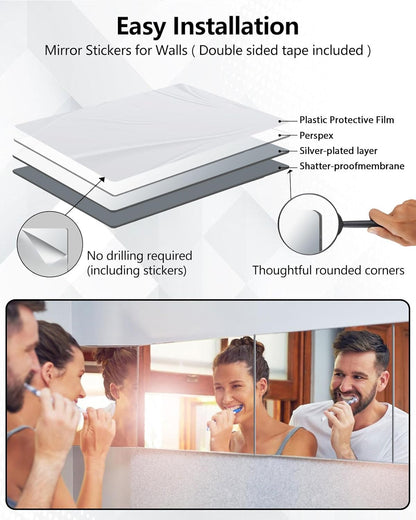 Shatterproof Peel and Stick on Mirror Tiles for Wall Decorative, 4 pcs 14”x12” Unbreakable Small Mirrors for Wall Classroom Decor, Toddlers Mirror for Kids Bedroom, Plastic Door Adhesive Mirrors