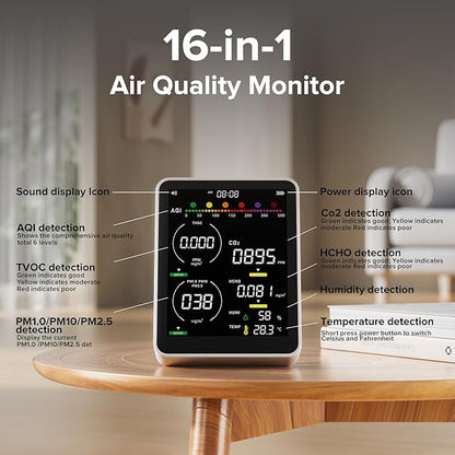 16 in 1 Air Quality Monitor Indoor 9 +7 AQI Alerts, CO2 Monitor Air Quality - Image 4