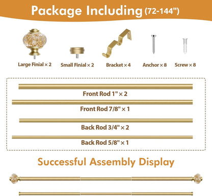 Double Curtain Rods for Windows 72 to 144, Luxury Gold, 1 Inch | Double Layer Window Treatment Rods, Decorative Crystal Ball Finials, Heavy Duty Adjustable Pole, Supports 33lbs, Easy Install