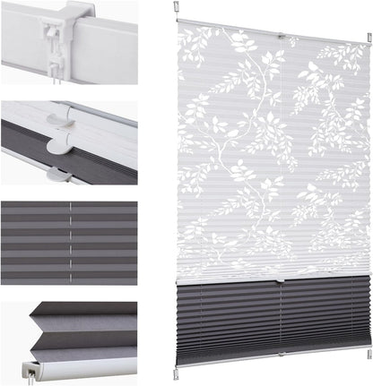 Sekey Pleated Blind Double Pleated Day+Night Blackout No Drilling Tensioned Light Protection Klemmfix Translucent Burnout Pattern 55 x 120 cm Print and Grey