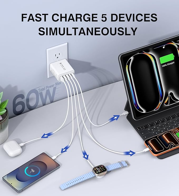 USB C Wall Charger, 60W 5-Port PD Fast USB C Charging Block, 2USB C+3USB A - Image 2