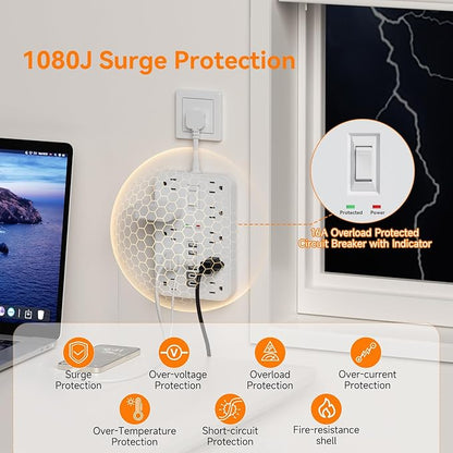 Short Extension Cord with USB and USBC Ports, Flat Outlet Extender with 10 AC - Image 5
