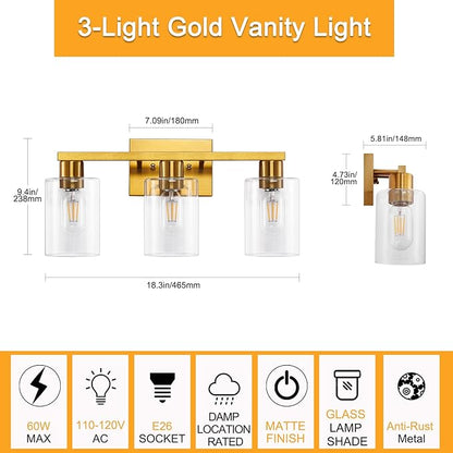 SOPEAS Gold 3-Light Bathroom Vanity Light, Modern Brushed Gold Vanity Lights - Image 3