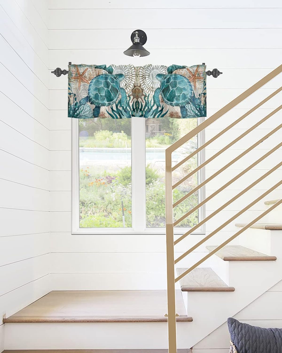 Nautical Turtle Curtains Valances for Bedroom Living Room,Starfish Curtains valance & Drapes Rod Pocket ,Seaweed Nautical Map Texture Valances for Kitchen Windows Curtain Over Sink 54x18in,1 Panel