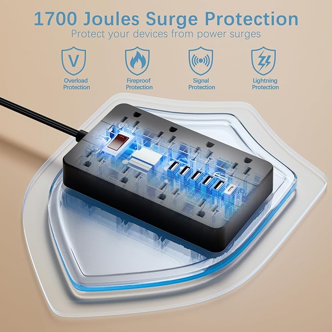 15 Ft Long Extension Cord Power Strip Surge Protector, HUNIAN Flat Plug - Image 6