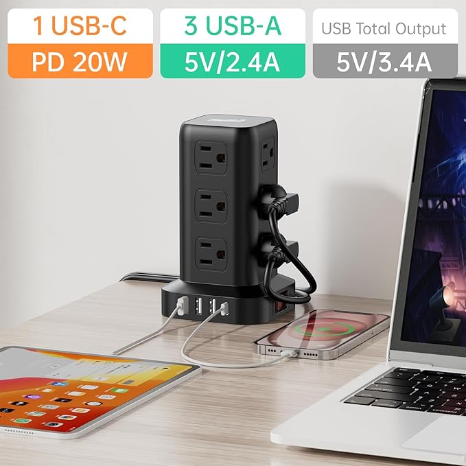 PD 20W USB C Surge Protector, Mini Power Strip Tower Travel 12 AC 4 USB Power - Image 5