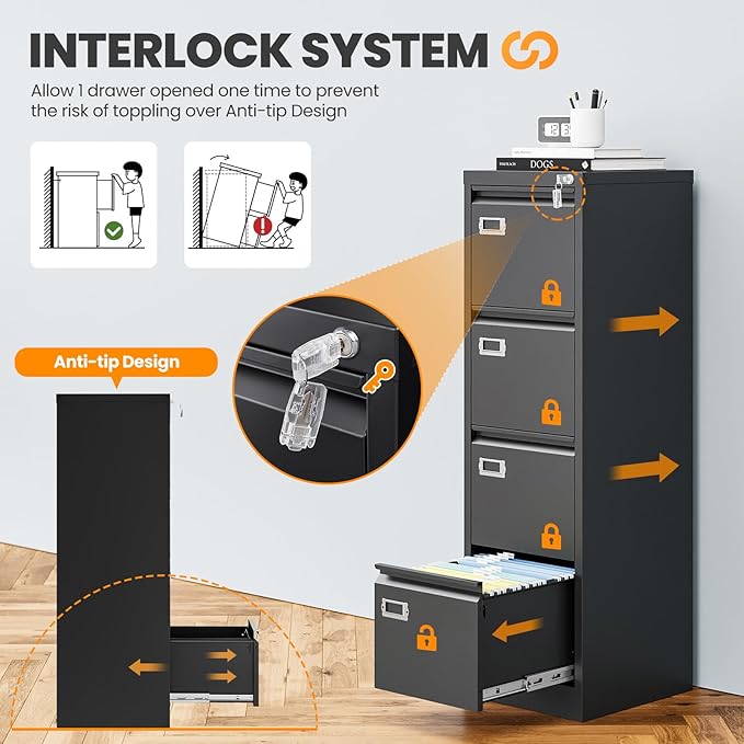 4 Drawer File Cabinet with Lock, Metal File Cabinets - Image 4