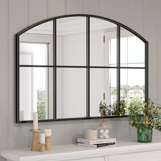 Black Arched Window Pane Mirror, 42" x 28" Grid Wall Mirror | Farmhouse Large Wide Wall Mirror Decorative Mirrors for Entryway, Hallway, Fireplace, Living Room, Bedroom, Dining Room