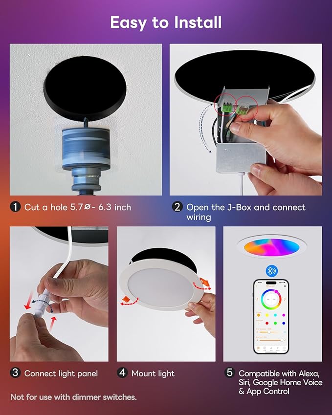 Smart Recessed Lighting 6 Inch, RGBCW Color Changing Canless Recessed Ceiling - Image 9