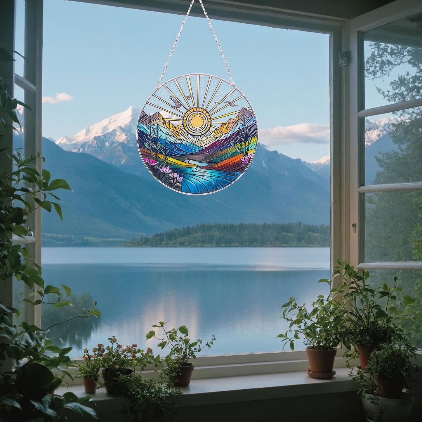 Sun Mountains Stained Glass Window Hanging, Sunrise & Sunset Design, Round Stained Glass Sun Catcher Window Hanging Decor, Handcrafted Art Panel for Indoor/Outdoor Light Catchers, Home Gifts (6inch)