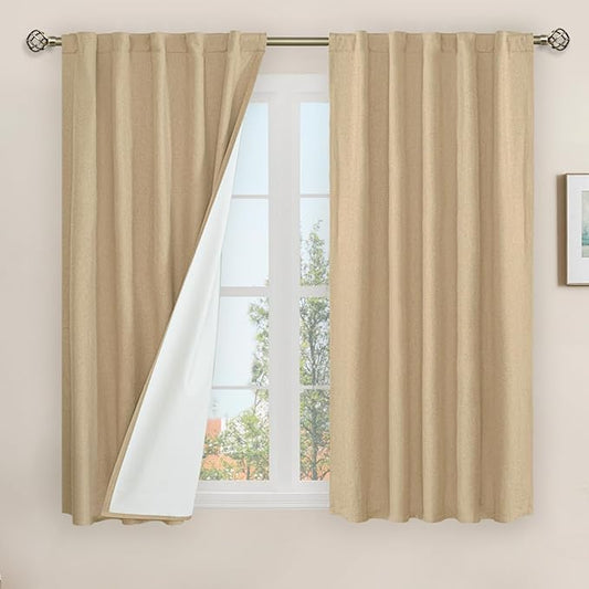 LAMIT Natural 100% Blackout Linen Curtains, 45 Inches Linen Textured Thermal by LAMIT
