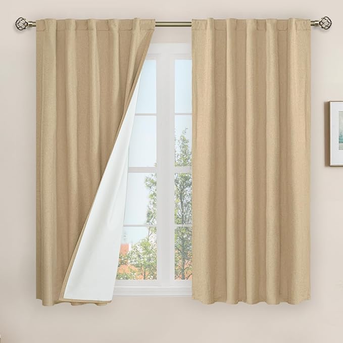 LAMIT Natural 100% Blackout Linen Curtains, 54 Inches Linen Textured Thermal by LAMIT
