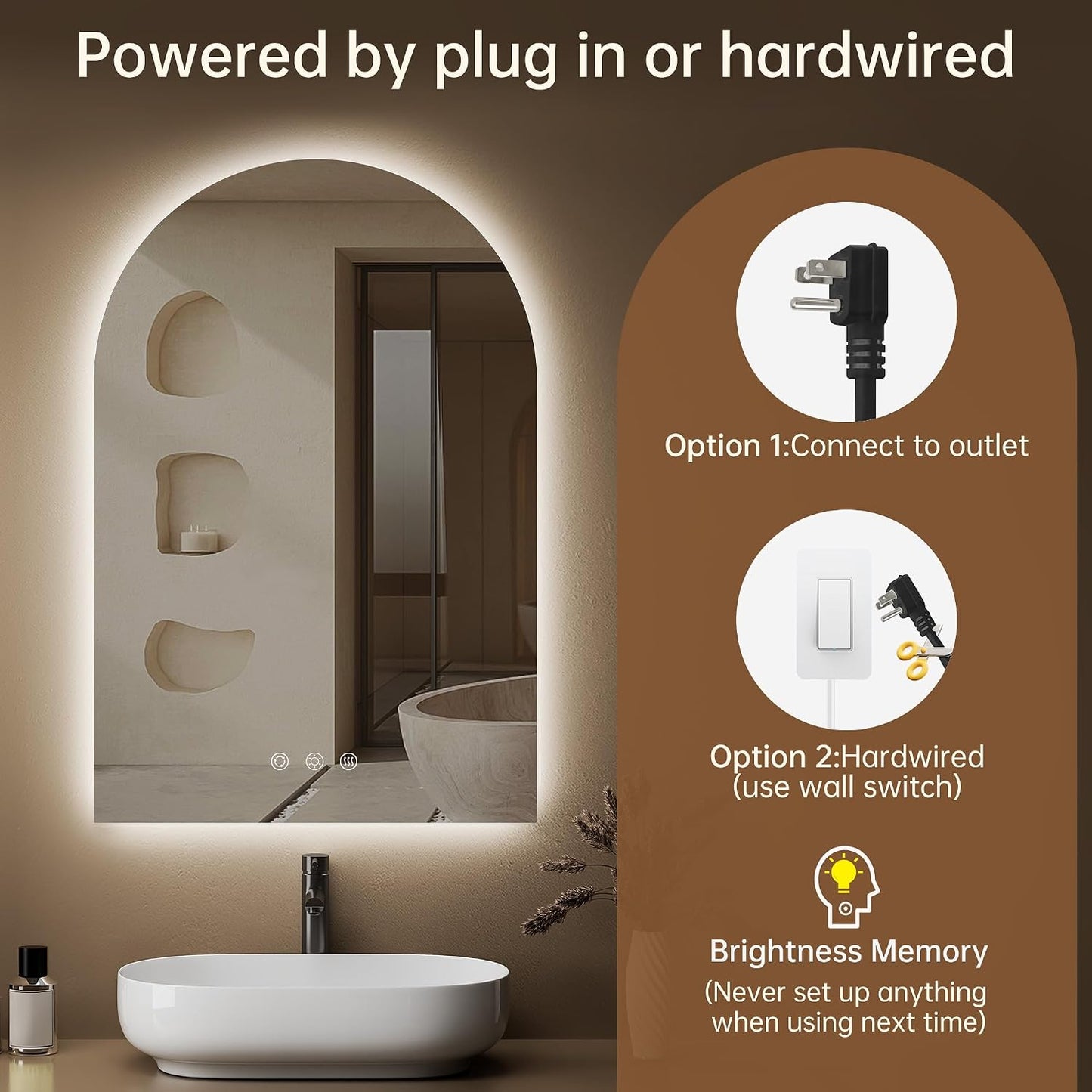 24"x36" Arched LED Lighted Bathroom Mirror with Lights | Fogless, Dimmable, 3 Color Changing, Shatterproof, Touch Sensor