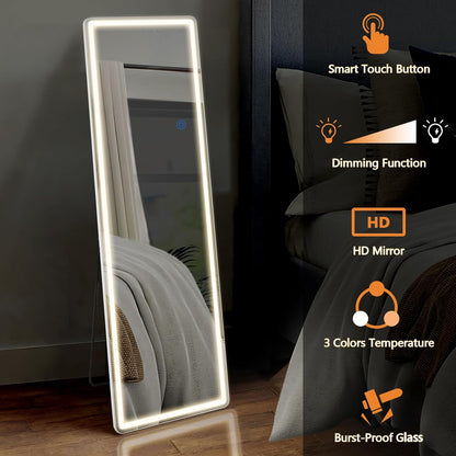 Sweetcrispy Full Length Mirror with LED Lights, 61"x17" Lighted Full Body Floor Mirror with Dimming & 3 Color Lighting, Stand for Bedroom, Dressing Room