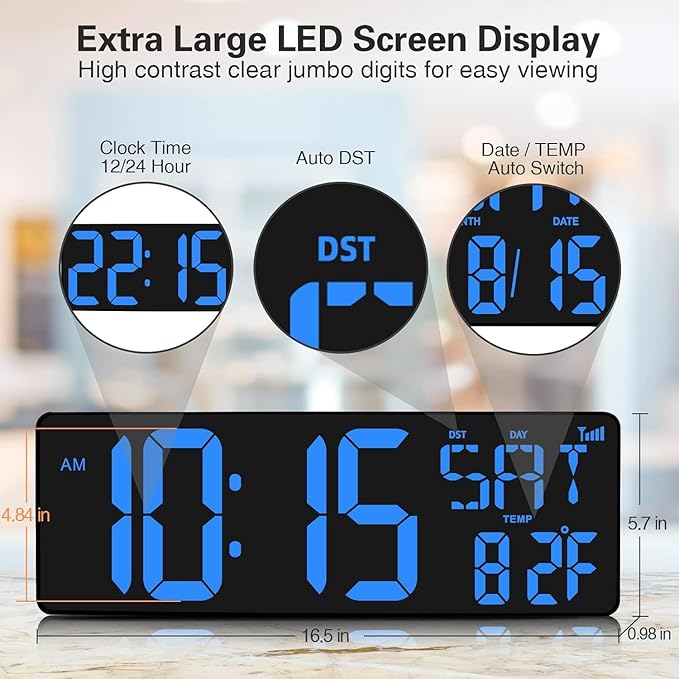 XREXS Large Digital Wall Clock WiFi Sync, 16.5 in Large Display Wall Clock - Image 2