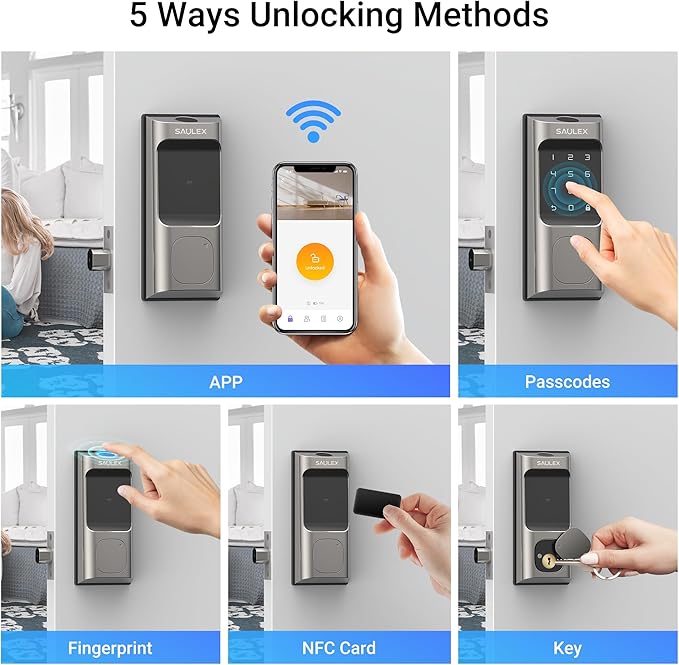 Saulex DB02 Smart Lock, Built-in Wi-Fi, 5-in-1 Keyless Entry Front Door Lock - Image 5