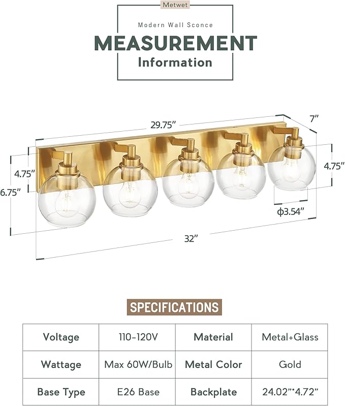 METWET Bathroom Light Fixtures, 5 Light Brushed Gold Vanity Light, 32 Inch - Image 2