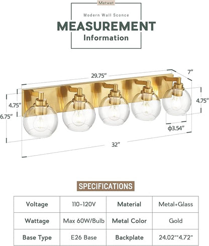 METWET Bathroom Light Fixtures, 5 Light Brushed Gold Vanity Light, 32 Inch - Image 2