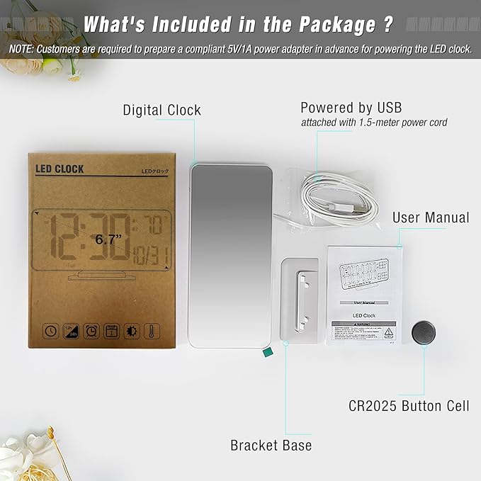 KOSUMOSU Digital LED Clocks for Bedrooms 6.7in White Alarm Clock, Day of Week - Image 4
