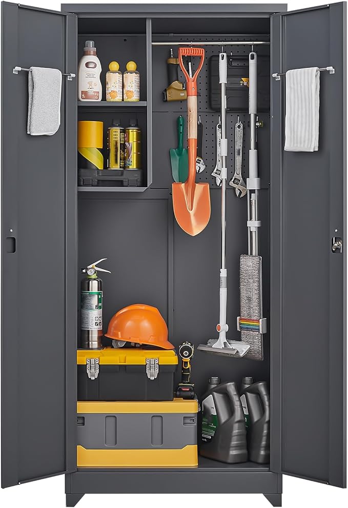 GREATMEET 72.8" Outdoor Broom Storage Cabinet, Metal Storage Cabinets - Image 8