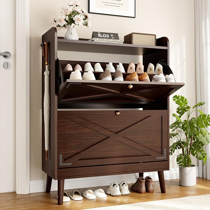 Shoe Storage Cabinet with 2 Flip Drawers & Adjustable Shelves, Narrow Shoe by Wanfuder