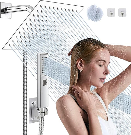 8"High Pressure Square Rain Shower Head and 2-in-1 Hand Shower.Equipped by AWAXFOLO