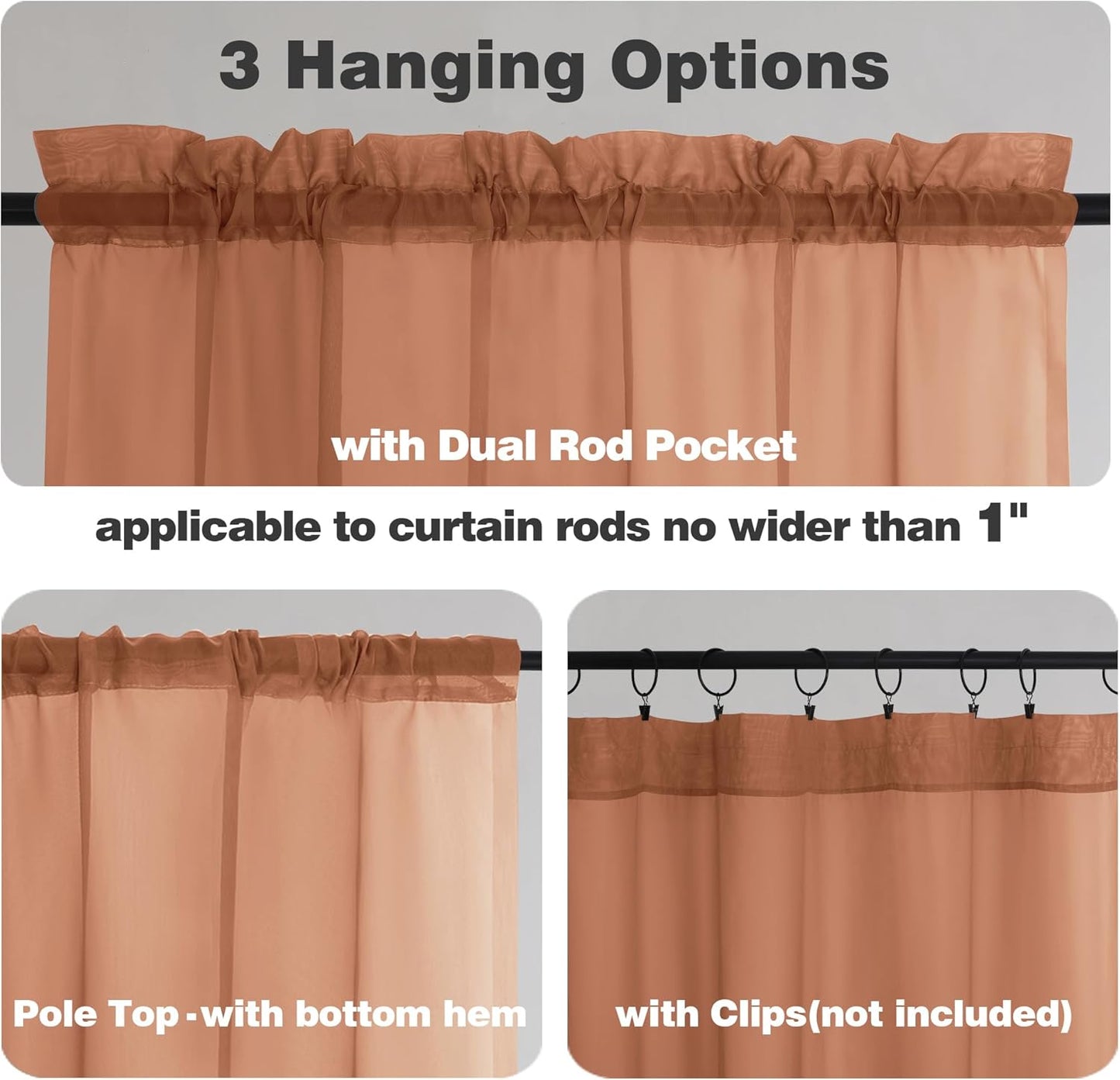 Chyhomenyc Burnt Orange Sheer Curtains 84 Inch Length 2 Panels, Light Filtering Soft Airy Voile Rod Pocket Sheer Window Drapes for Bedroom Living Room, Each 42Wx84L Inches