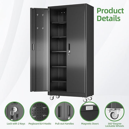 Garage Storage Cabinet with 5 Adjustable Shelves and Door Pegboard, Metal - Image 7