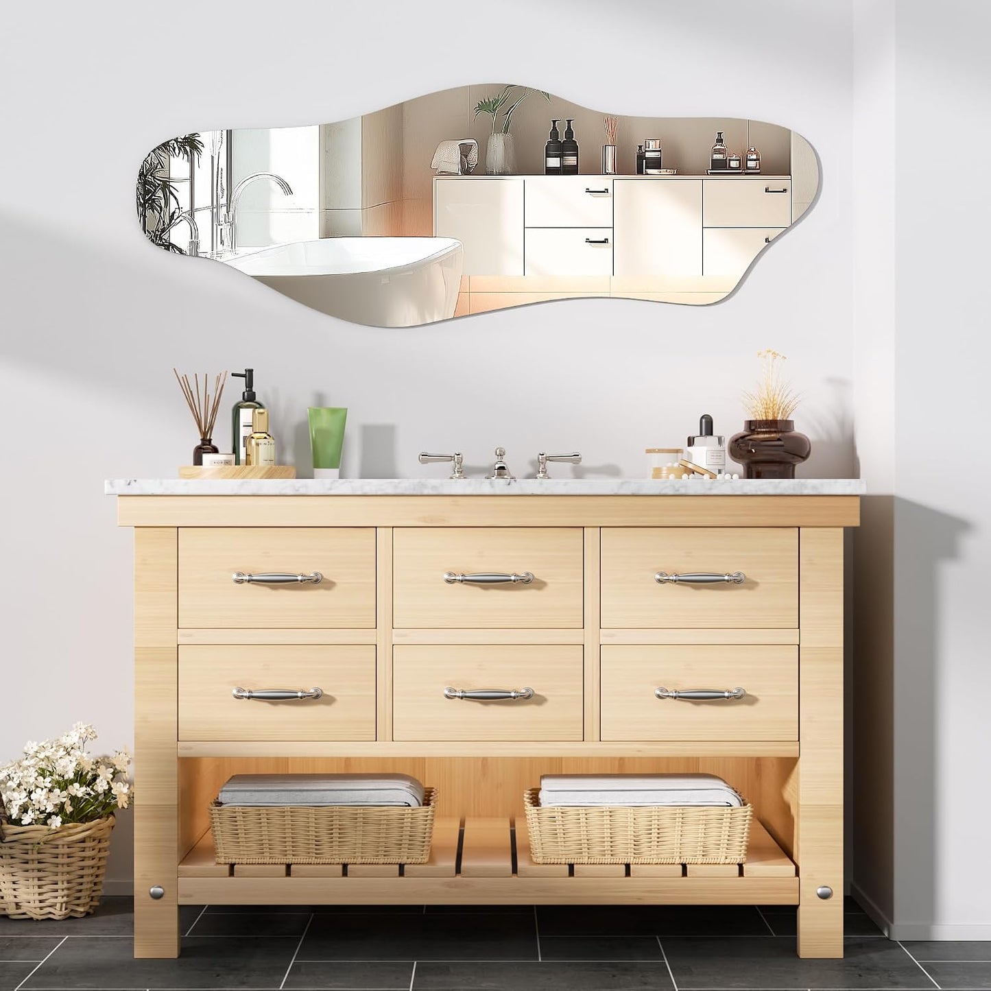 Hasipu 55"x20" Irregular Wall Mirror Frameless Asymmetrical Mirror for Wall | Frameless Large Wall Mirror, 4mm Tempered Glass, Horizontal & Vertical, Wall Mount, Modern Home Decor, Entryway, Hallway