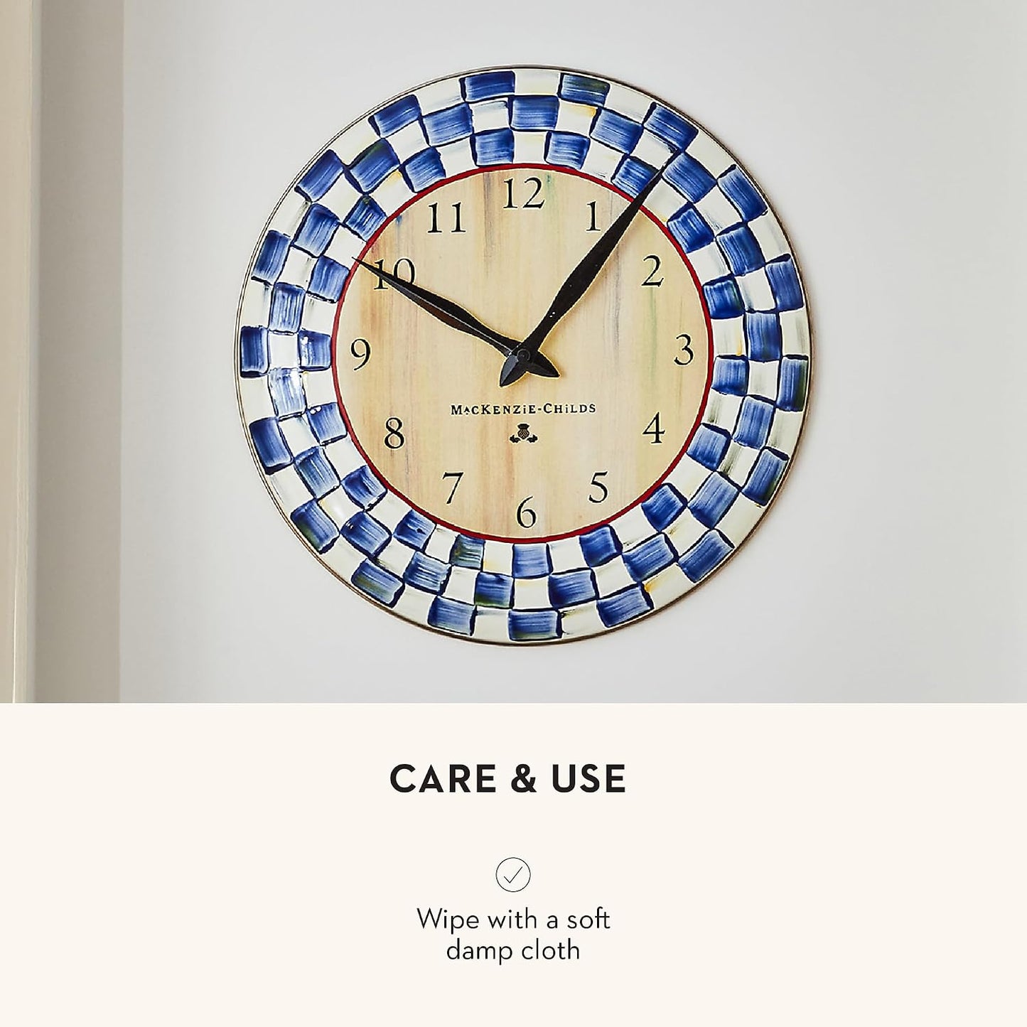 MACKENZIE-CHILDS Wall Clock, Blue-and-White Royal Check | Hand-painted design, made from enameled steel, decorative room clock, requires one AA battery (not included), 12" dia.
