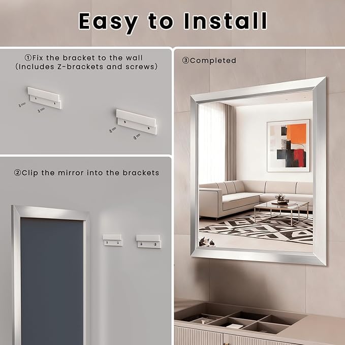 Amorho Bathroom Mirror, 44x36 Inch Silver Thick Metal Framed Wall Mirrors - Image 8