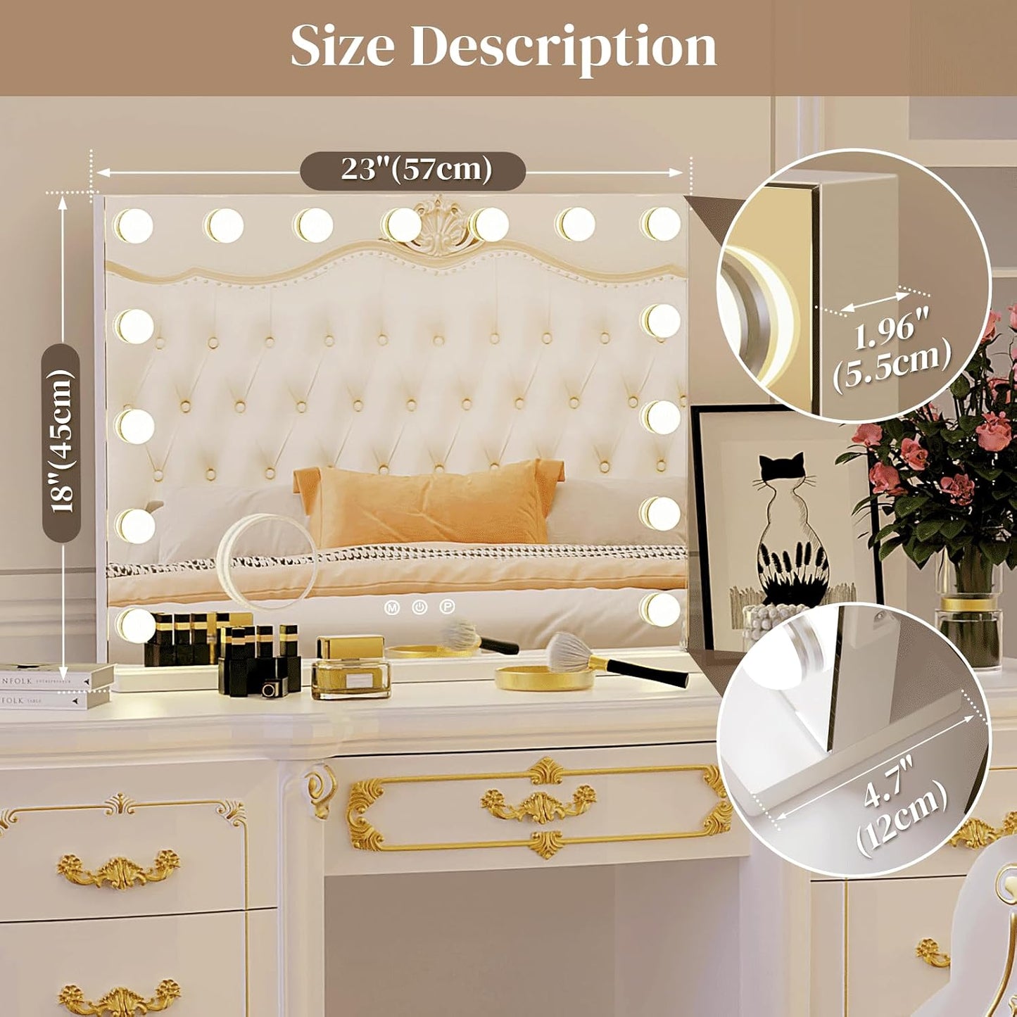 Hollywood Vanity Mirror with Lights, 15 Light Bulbs，3 Color Lights，Make Up Lighted Mirror, Aluminum Metal Frame,USB Charging Port（23" x 18"）