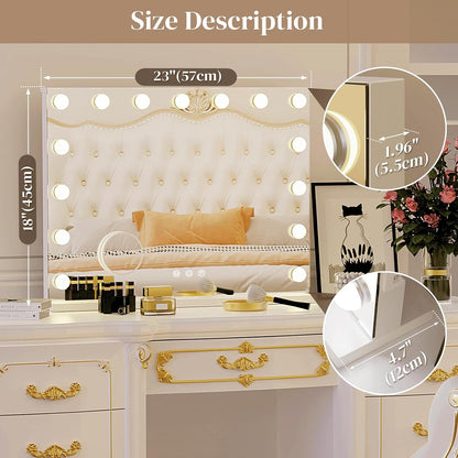 Hollywood Vanity Mirror with Lights, 15 Light Bulbs，3 Color Lights，Make Up Lighted Mirror, Aluminum Metal Frame,USB Charging Port（23" x 18"）