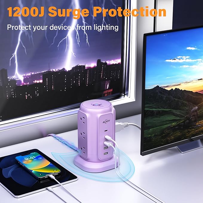 AiJoy Power Strip Tower with 9 Outlets and 5 USB Ports, 1200J Surge Protection - Image 3