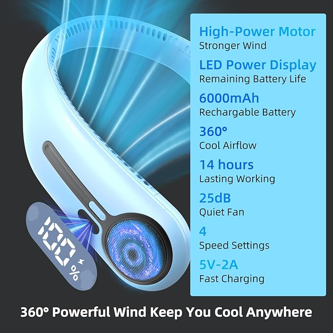 Kinhowly Portable Neck Fan, Hands Free Personal Wearable Bladeless Fan - Image 3