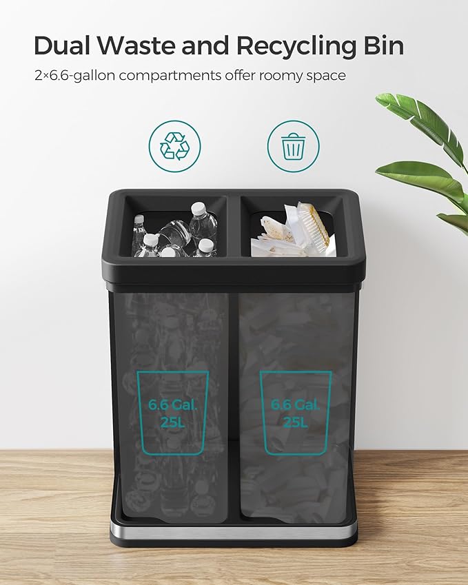 SONGMICS 2 x 6.6 Gallon Open Top Trash Can, Dual Compartment Garbage Can - Image 4