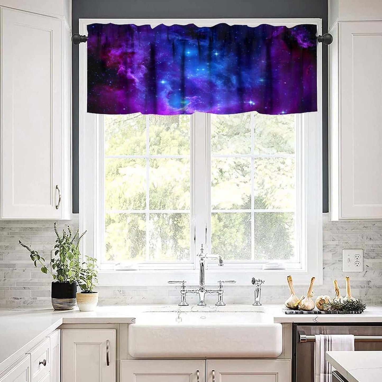 Galaxy Valance Curtain for Kids Room Universe Beautiful Blue Purple Meteor Solar System Planet Outer Space Window Treatment Valances Curtains for Boys Living Room Bedroom Nursery 54x18In