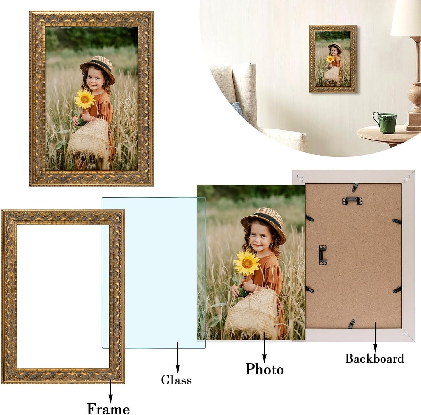 Frametory 8x12 Poster Picture Frame Real Glass Bronze Gold | Wall Mount Display, Great for Wedding, Poster, Engagement Photographs, Photo
