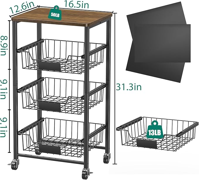 Kitchen Storage Cart with Wheels, 4-Tier Metal Utility Rolling Cart Fruit - Image 4