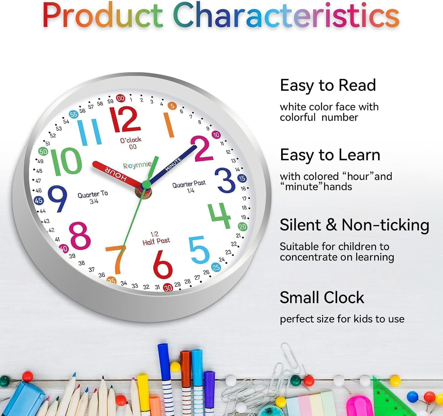 Roymnie Wall Clock for Kids Learning Battery Operated Teaching Silent 8" | Learning to Tell Time Easily Non Ticking Analog Colorful Teaching Time Clock Decorative for Kids Room Classroom School Modern