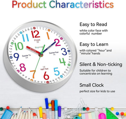 Roymnie Wall Clock for Kids Learning Battery Operated Teaching Silent 8" | Learning to Tell Time Easily Non Ticking Analog Colorful Teaching Time Clock Decorative for Kids Room Classroom School Modern