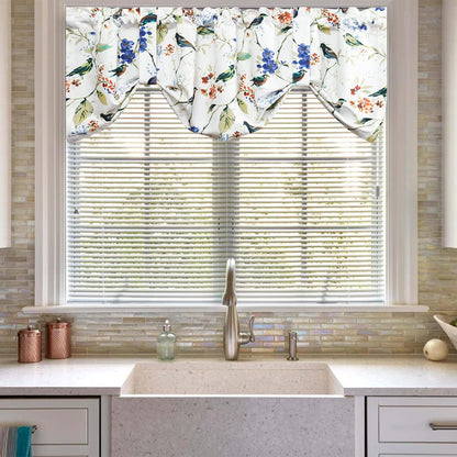 Bird Print Tie-Up Valance for Kitchen, 52 x 18, 1 Panel, Blue | Rod Pocket Top, Soft Botanical Style, for Bedroom and Dining Room Windows, Glare Reduction, Easy to Clean, Machine Washable