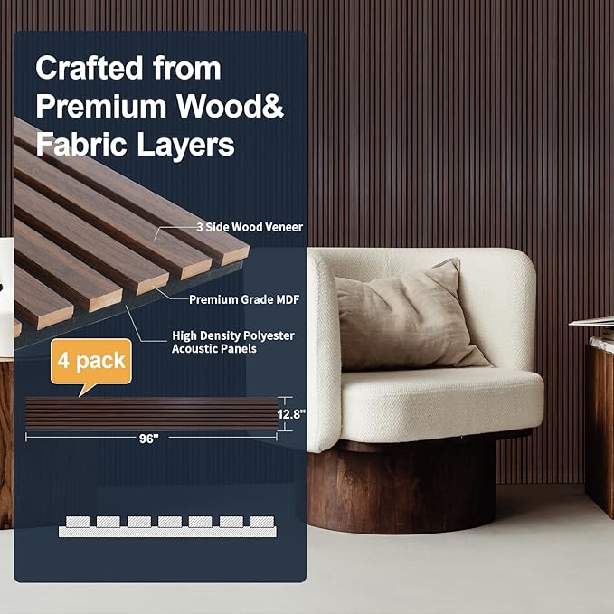 NeatiEase Wood Panels for Wall, 4-Piece 96" x 12.6" Soundproof Wood Slat Wall - Image 2