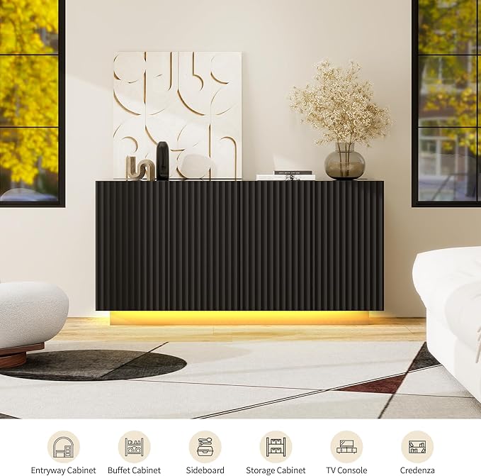 59" Black Fluted Sideboard Buffet Cabinet - Image 8