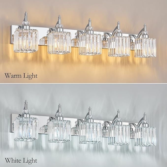 BBLLWJ Crystal Vanity Lights Chrome 5 Light Bathroom Light Fixtures Over Mirror - Image 2