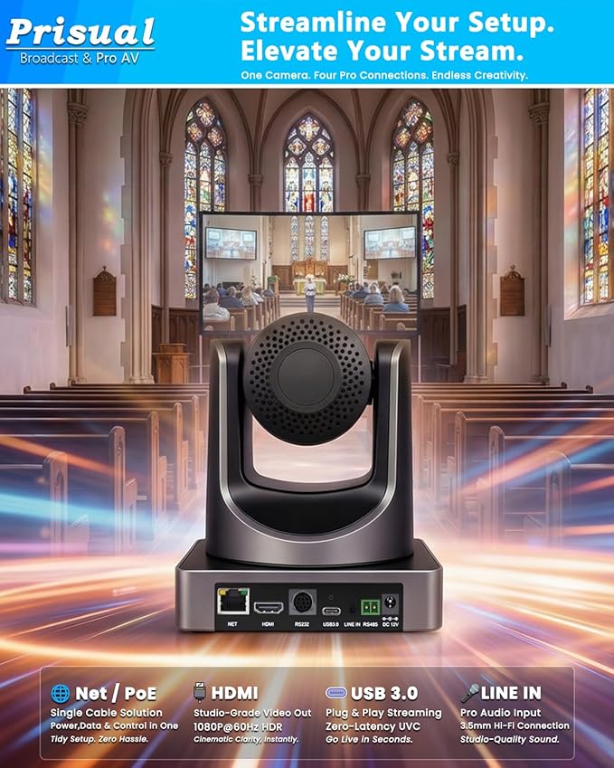 Prisual HDMI PTZ Camera AI Auto-Tracking, 20x Optical Zoom IP USB3.0 PoE HDMI - Image 4