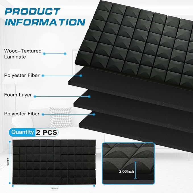 2 PCS Acoustic Panels, High Density Fire Resistant & Noise Absorbing - Image 4