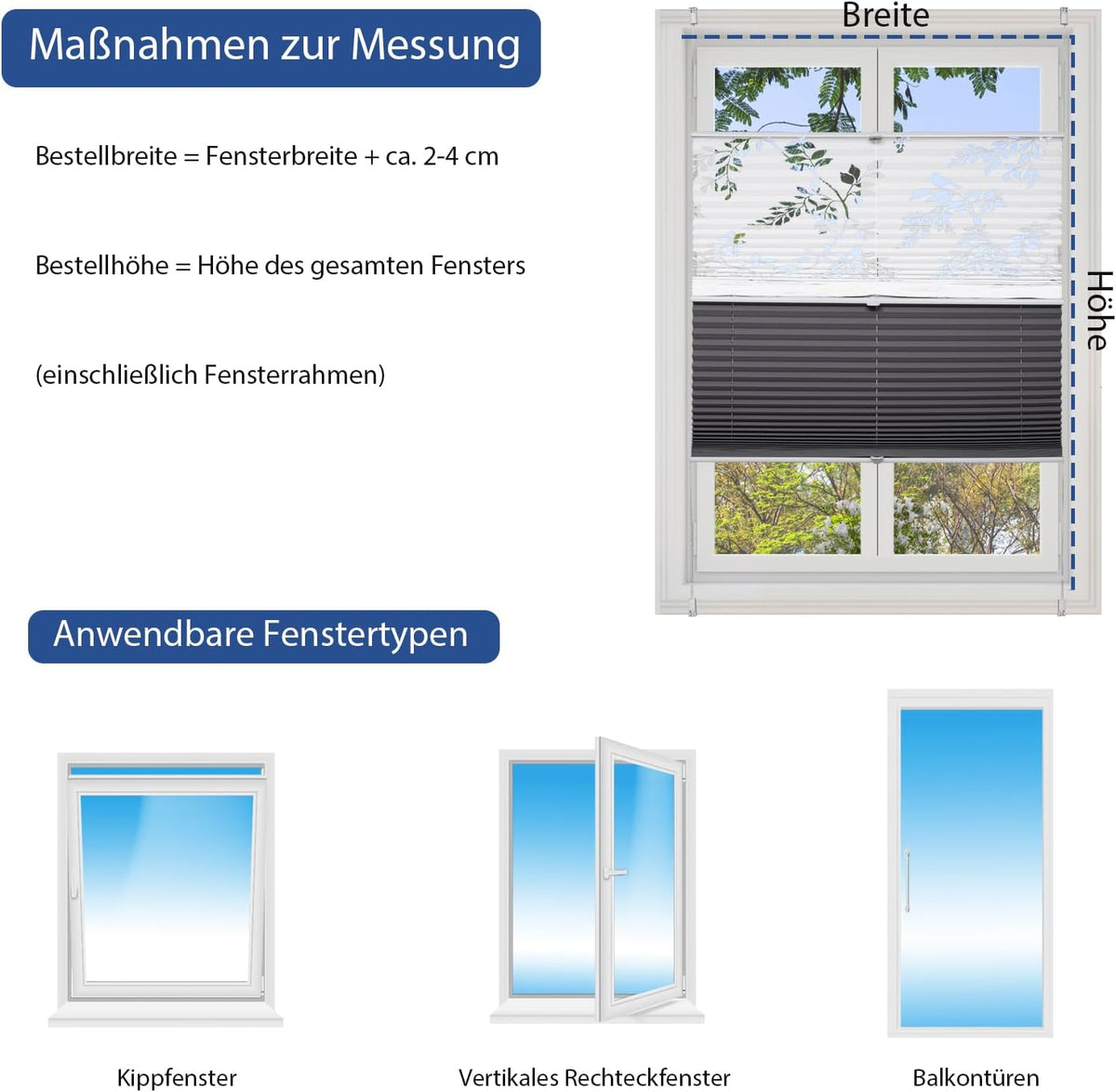 Sekey Pleated Blind Double Pleated Day+Night Blackout No Drilling Tensioned Light Protection Klemmfix Translucent Burnout Pattern 55 x 120 cm Print and Grey